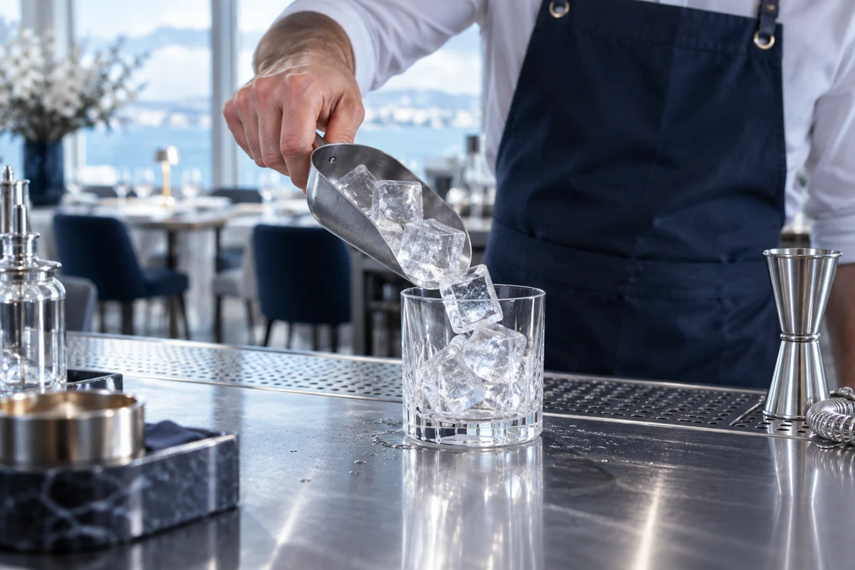 Barman porcjuje kostki lodu do szklanki