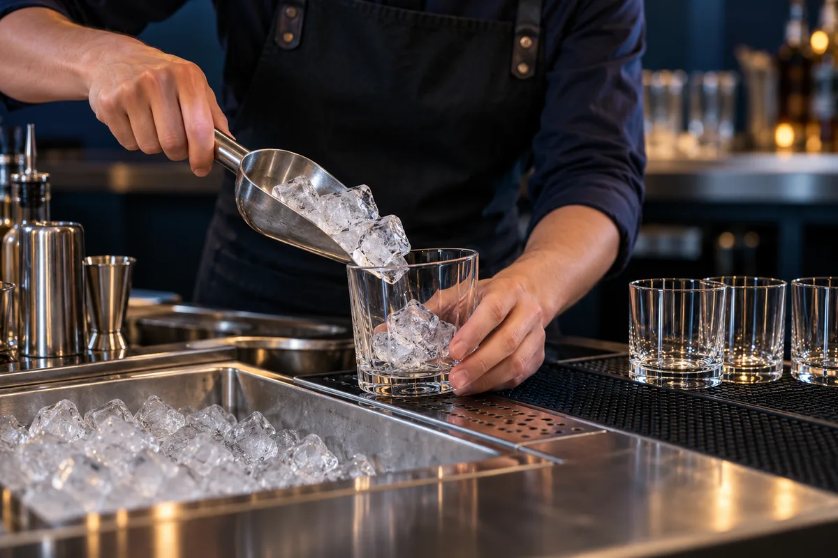 Barman nabierający kostki lodu łopatką do szklanki podczas serwisu