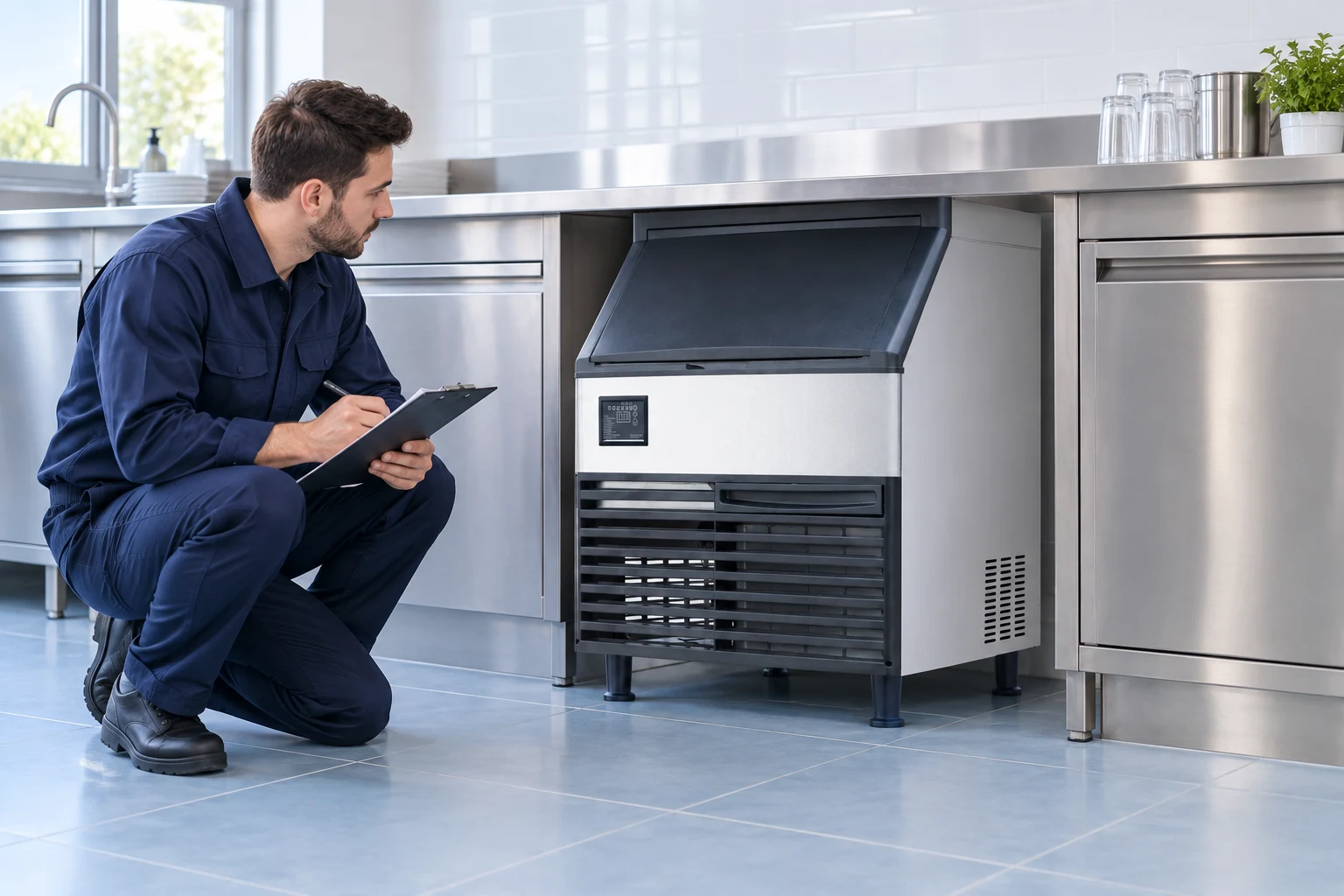 Wizualizacja technika sprawdzającego panel podblatowej kostkarki CORI SK-210P